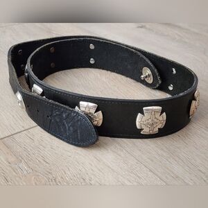 Vintage Black Leather Guitar Strap Silver Tone Cross